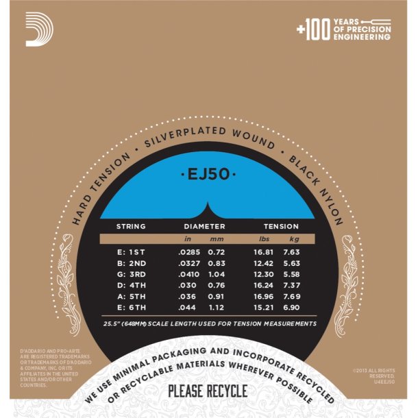 D'Addario EJ50, Hard, Silver wound/Black trebles